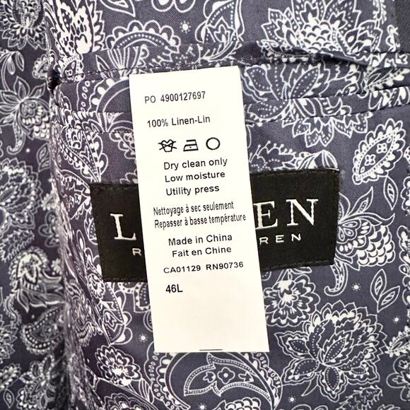Lauren Ralph Lauren Navy Blue Linen Paisley Print Lining Two Button Blazer 46L - Picture 10 of 11